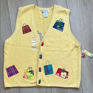 NWT Mandal Bay Shop Till You Drop Yellow Knitted Vest Novelty Shopping Bags XXL